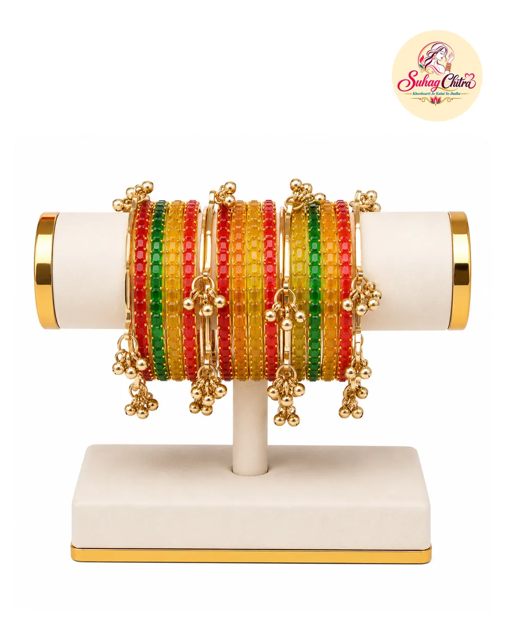 Shagun Jhumki Bangle Stack in Coral Green Multicolor